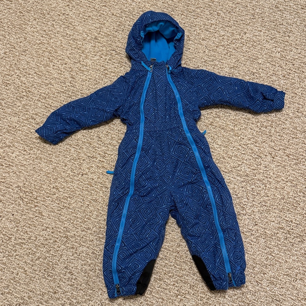 REI Blue Diamond Patterned Hood Bunting Snowsuit Dual Zipper Fleece Lined  18 mo